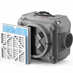 Three-stage air scrubber with filter elements used in the cleaning process